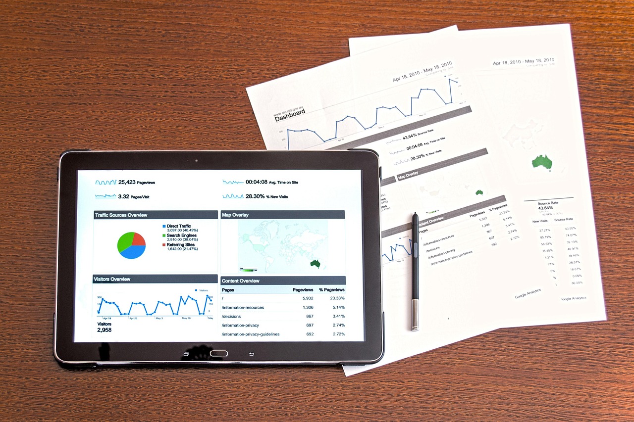 Computadora con gráficas y documentos sobre un escritorio de oficina para análisis de datos.